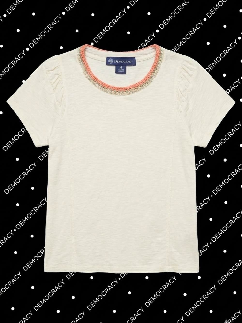 Democracy Boho Embroidered Crochet Neckline Tee | Puff Sleeve Top